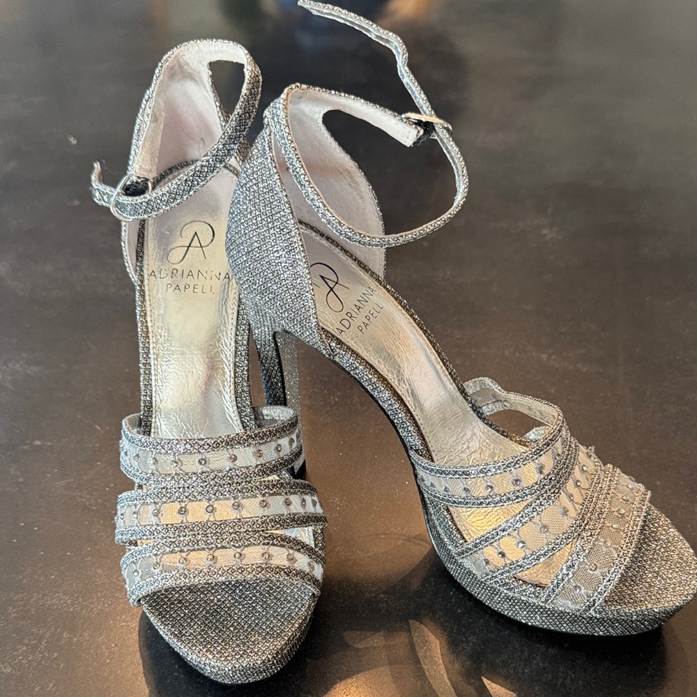 Adrianna Papell Shimmering Silver Strappy Heels